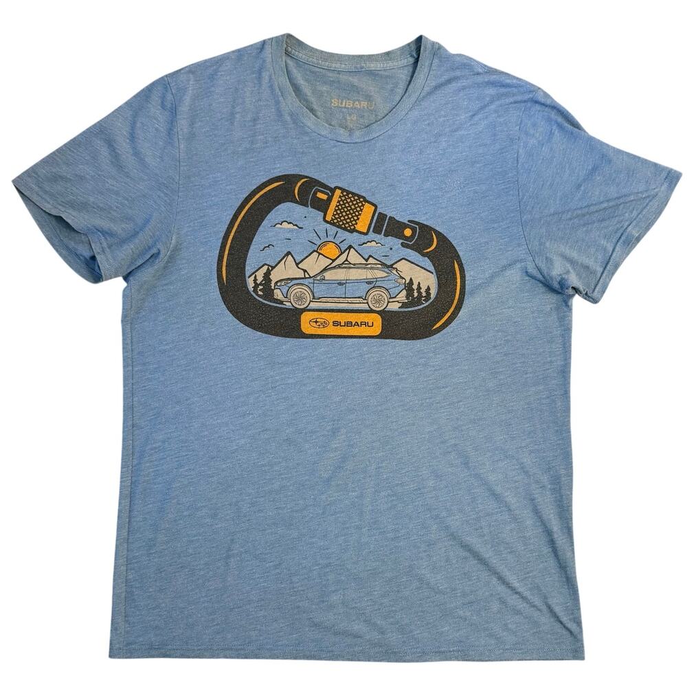 Subaru Official Gear T-Shirt Wilderness Mountains Carabiner Blue Unisex Large